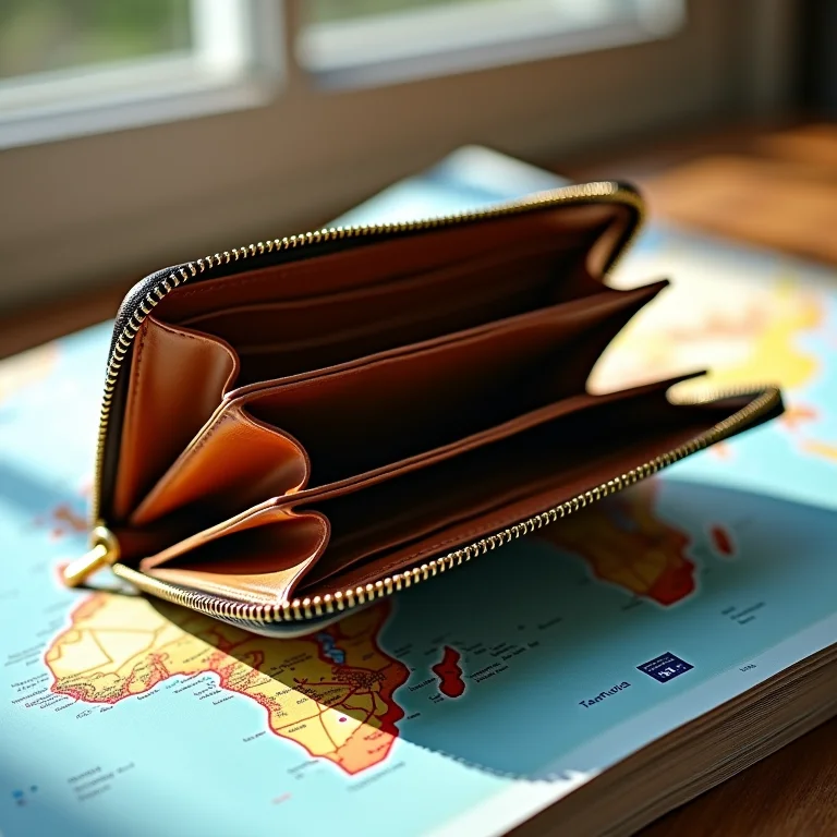 Carteira vazia sobre um folheto de viagem, simbolizando a falta de planejamento financeiro.