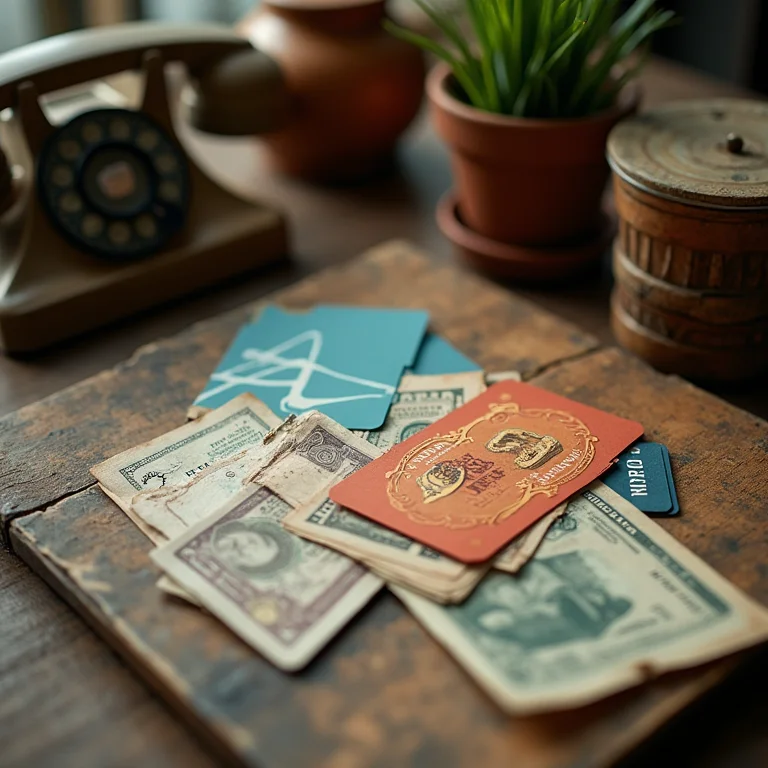 Cartões telefônicos internacionais antigos e conta amassada