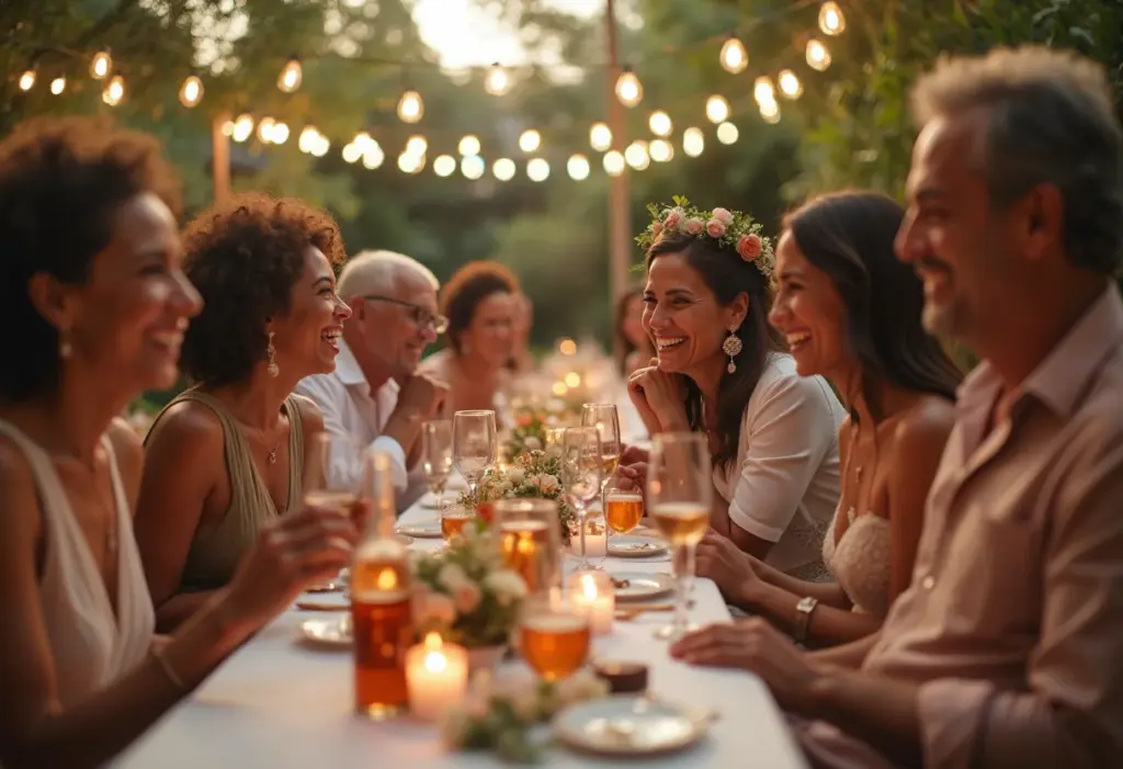 Casais diversos celebrando aniversários de casamento com alegria.