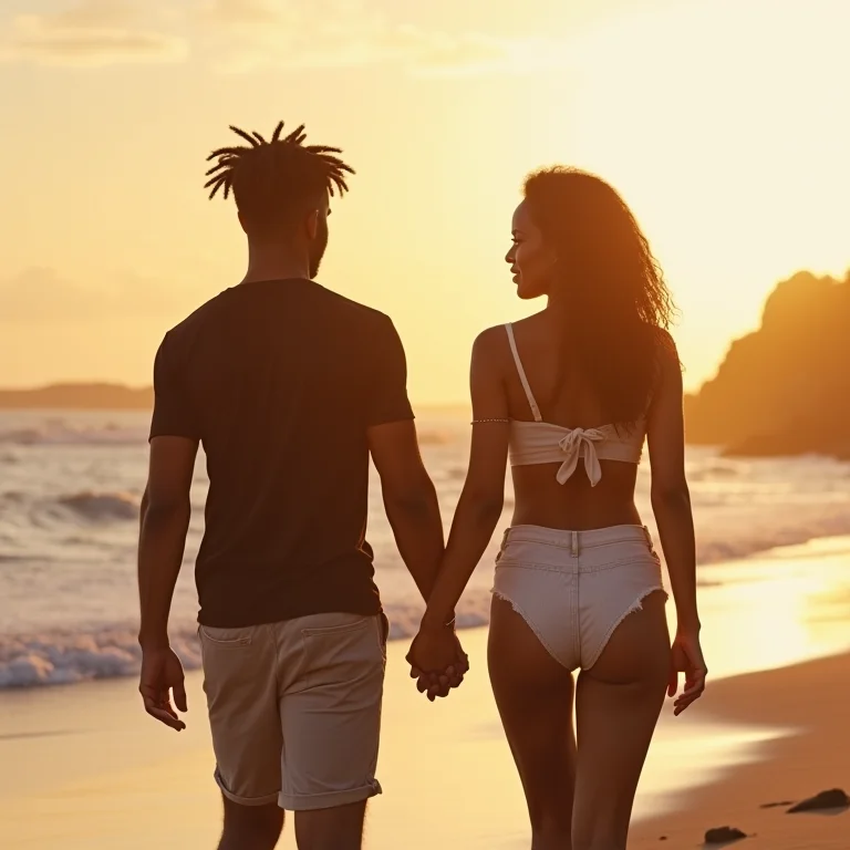 Casal apaixonado caminhando na Praia dos Namorados em Guarapari ao entardecer