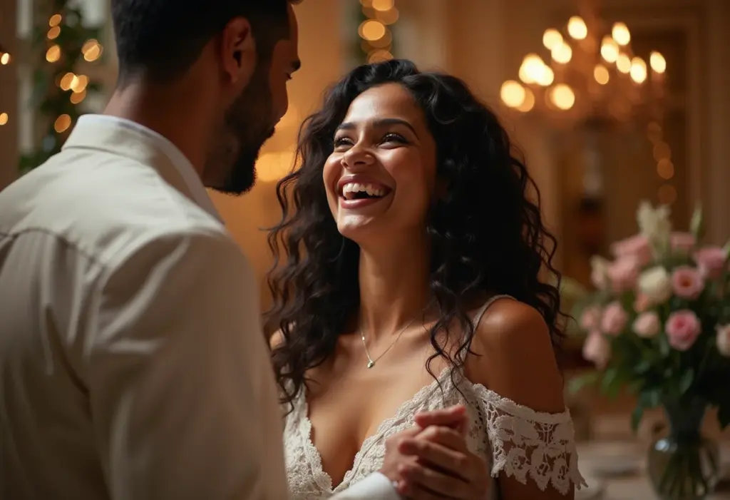 Casal noivo celebrando em festa de noivado decorada