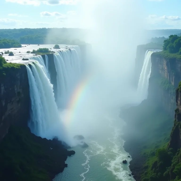 Cataratas do Iguaçu com arco-íris formado na névoa.