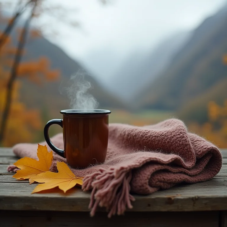 Cena aconchegante de outono na Patagônia com manta, caneca e folhas secas