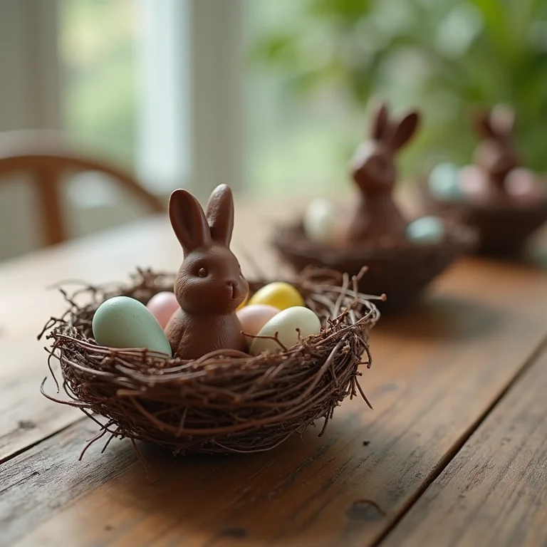 Centro de mesa de Páscoa com ninho de coelhos.