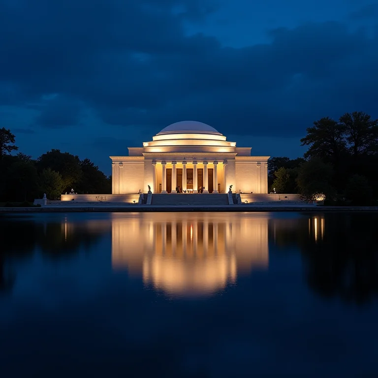 Centro Kennedy iluminado à noite refletindo no Rio Potomac em Washington DC