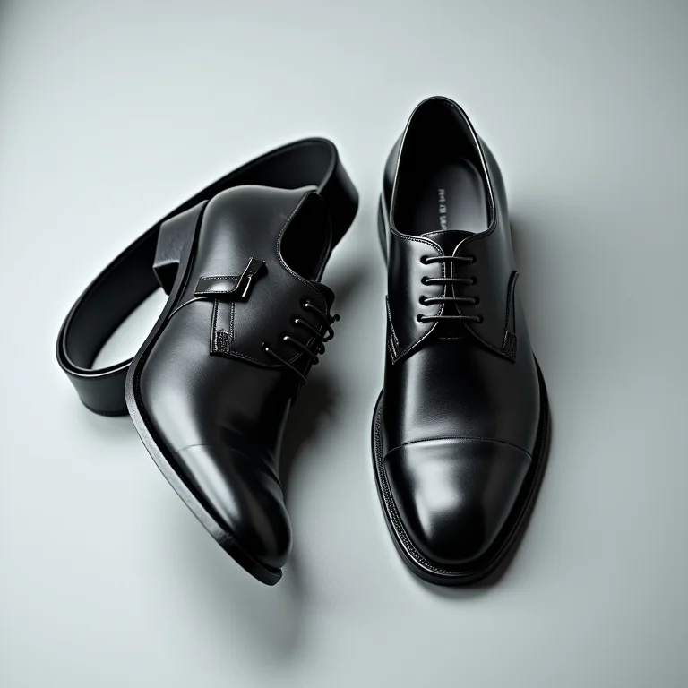 Cinto de couro preto e sapatos sociais pretos.