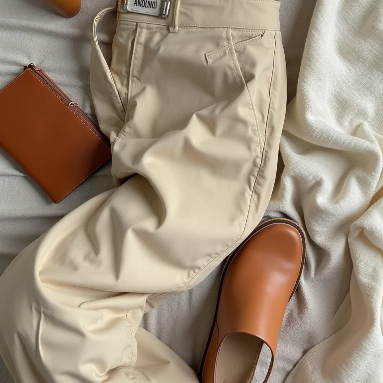 Close-up de calça de alfaiataria bege e sandálias de pescador marrons.