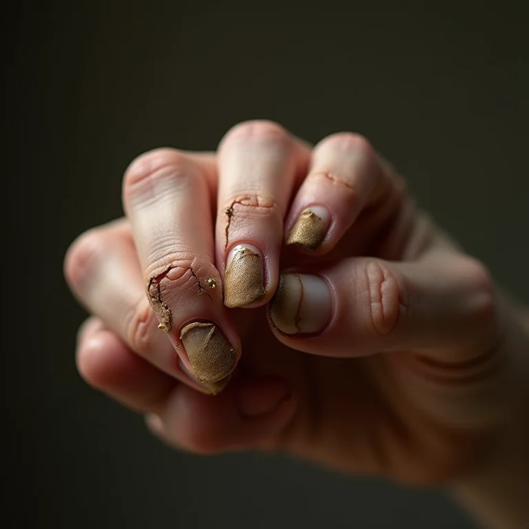 Close-up de cutículas extremamente secas e rachadas, representando a falta de hidratação.