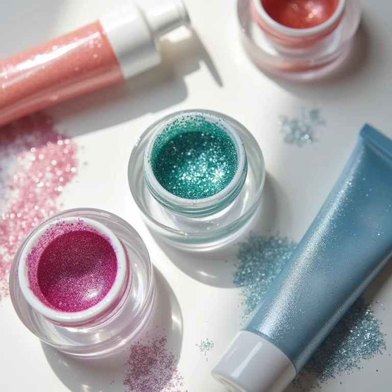 Close-up de embalagens de glitter em gel.