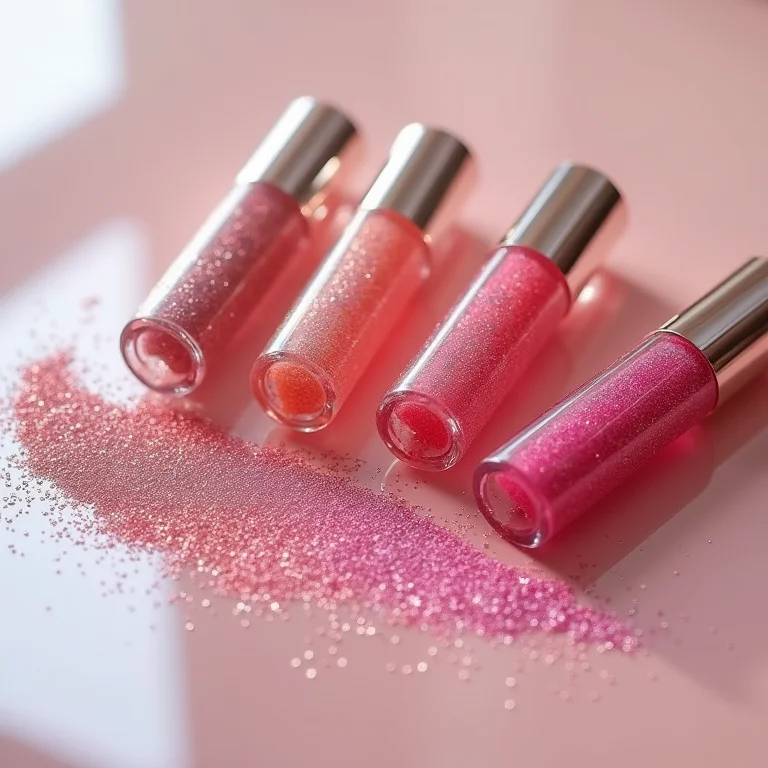 Close-up de glosses labiais com glitter e partículas brilhantes