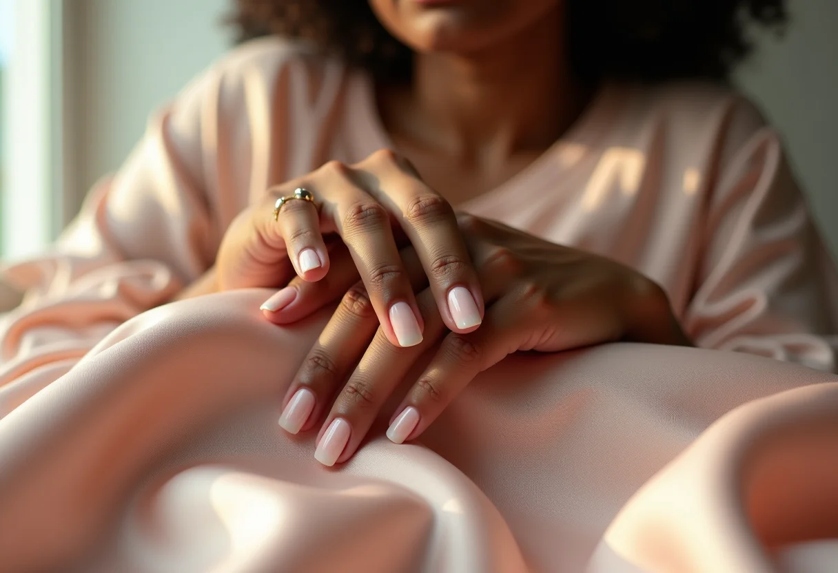 Close-up de mãos femininas com unhas de porcelana.