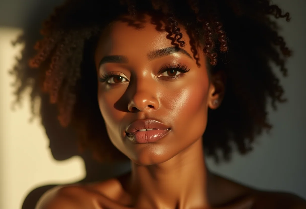 Close-up de mulher sorrindo com cílios postiços impecáveis