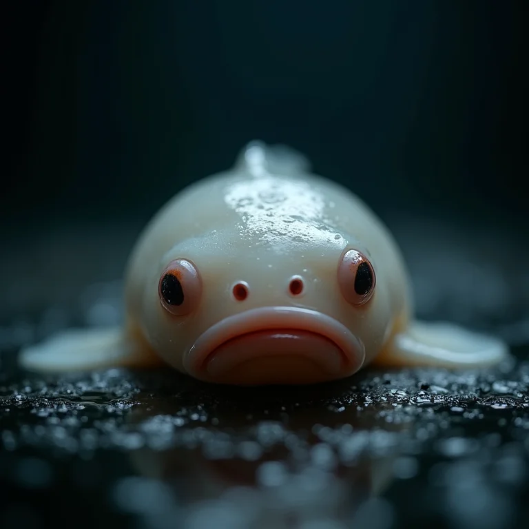 Close-up de um Blobfish em superfície escura e molhada.