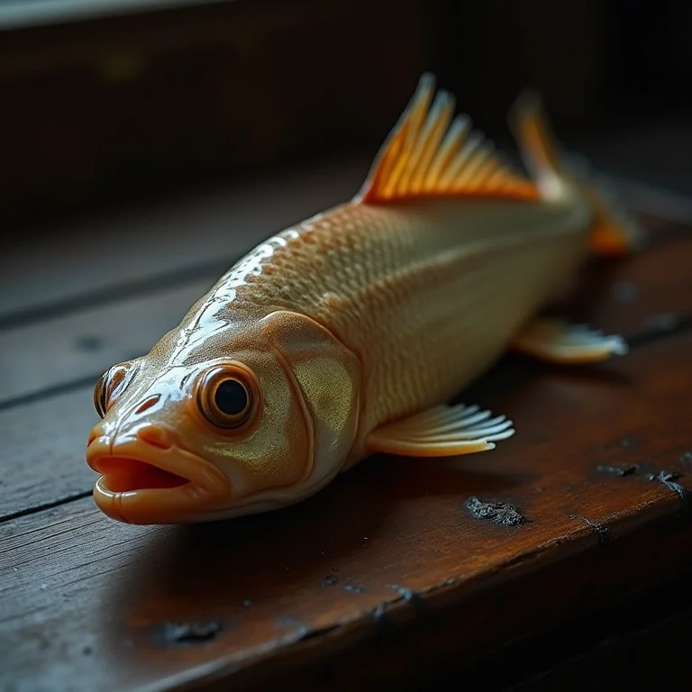 Close-up de um Peixe-mão preservado em mesa de madeira escura.