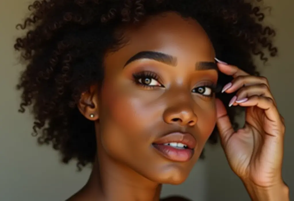 Close-up de uma mulher radiante aplicando maquiagem nas sobrancelhas