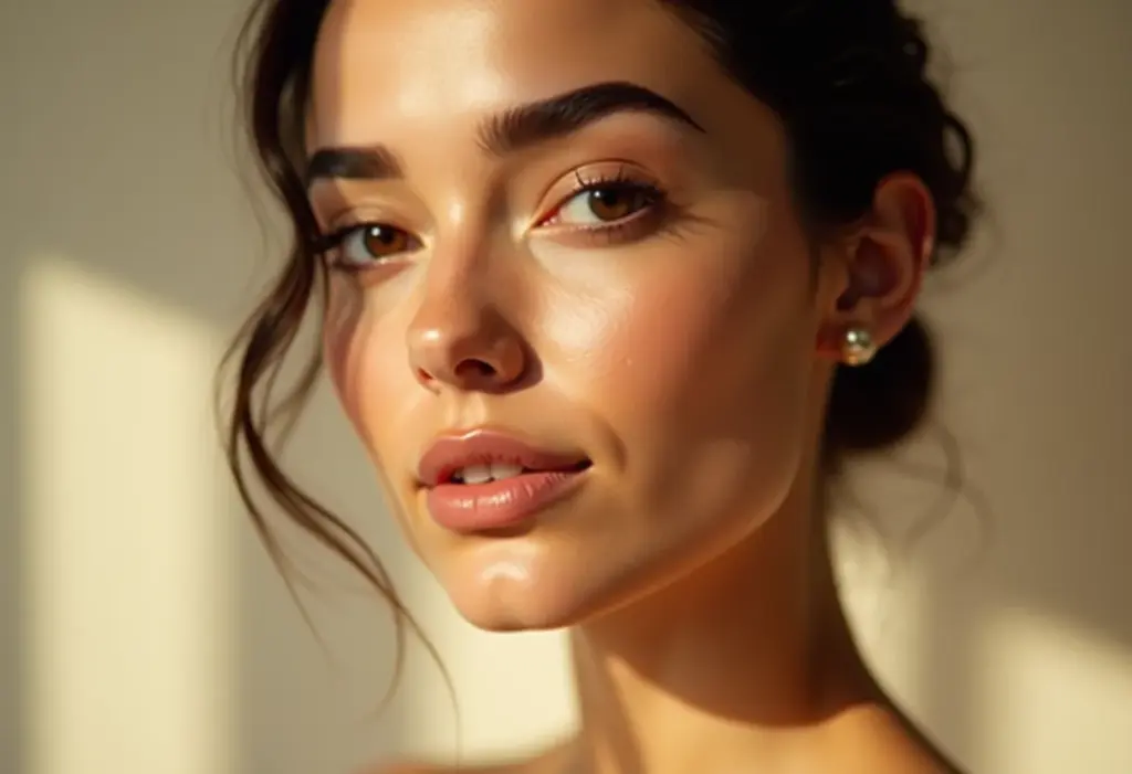 Close-up de uma mulher sorrindo com sobrancelhas bem cuidadas