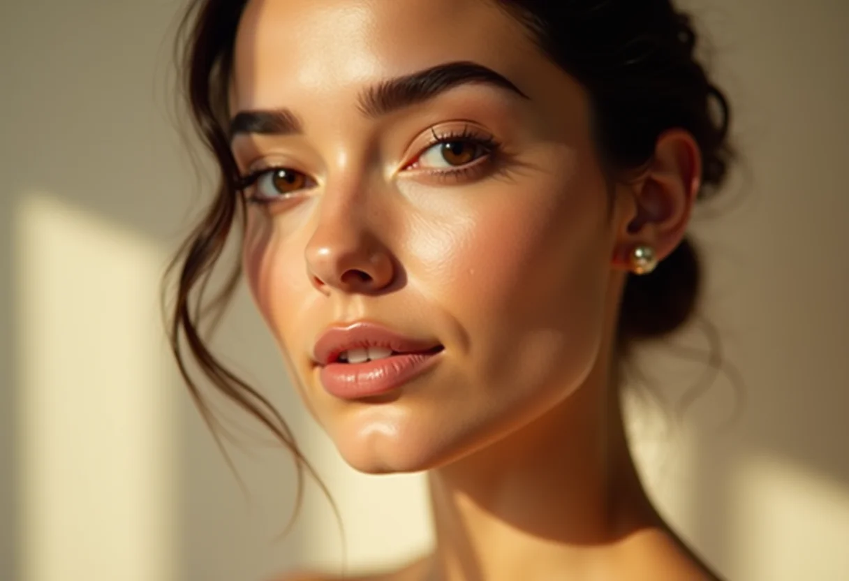 Close-up de uma mulher sorrindo com sobrancelhas bem cuidadas