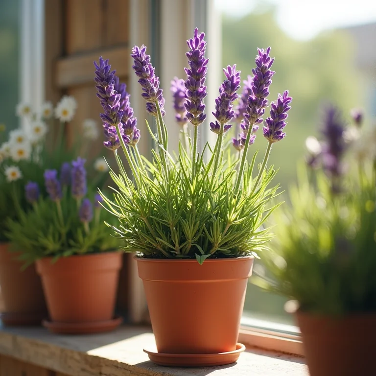 Close-up de uma planta de lavanda em vaso.
