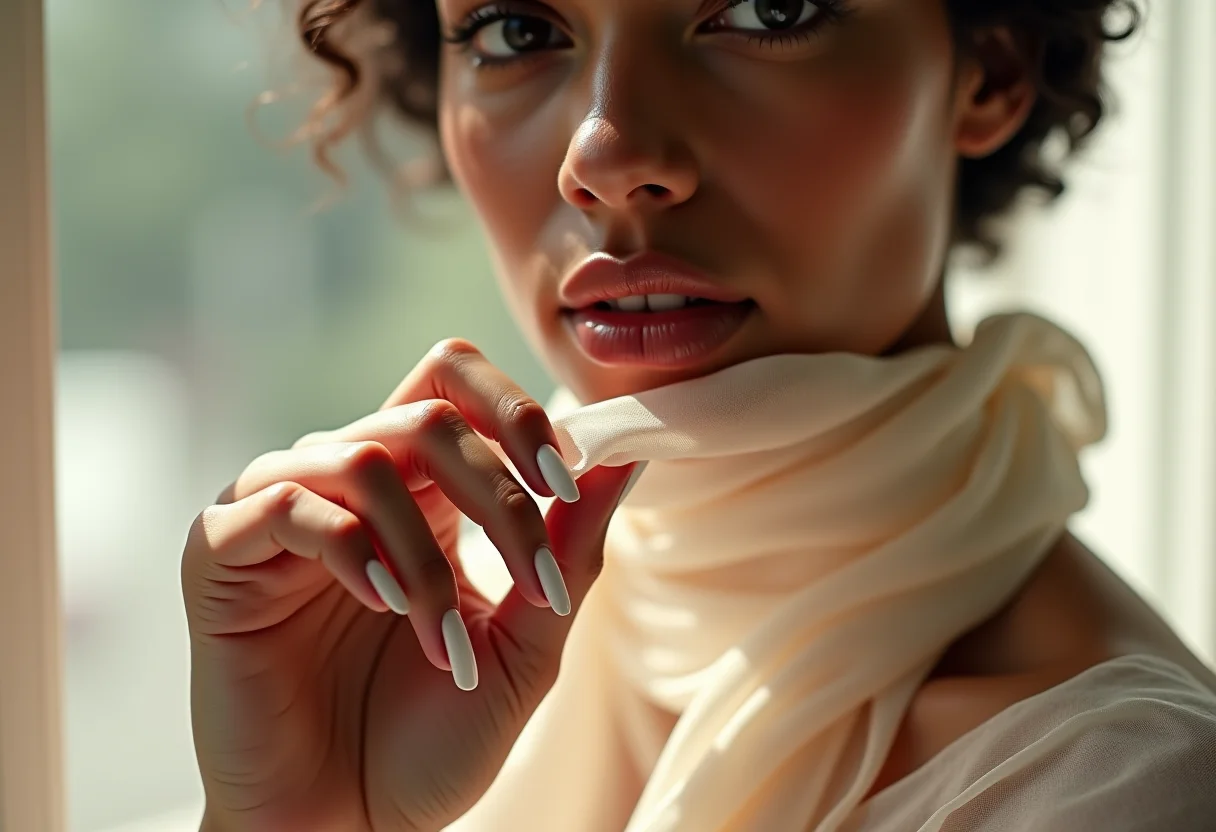 Close-up de unhas de porcelana clássicas em mãos femininas