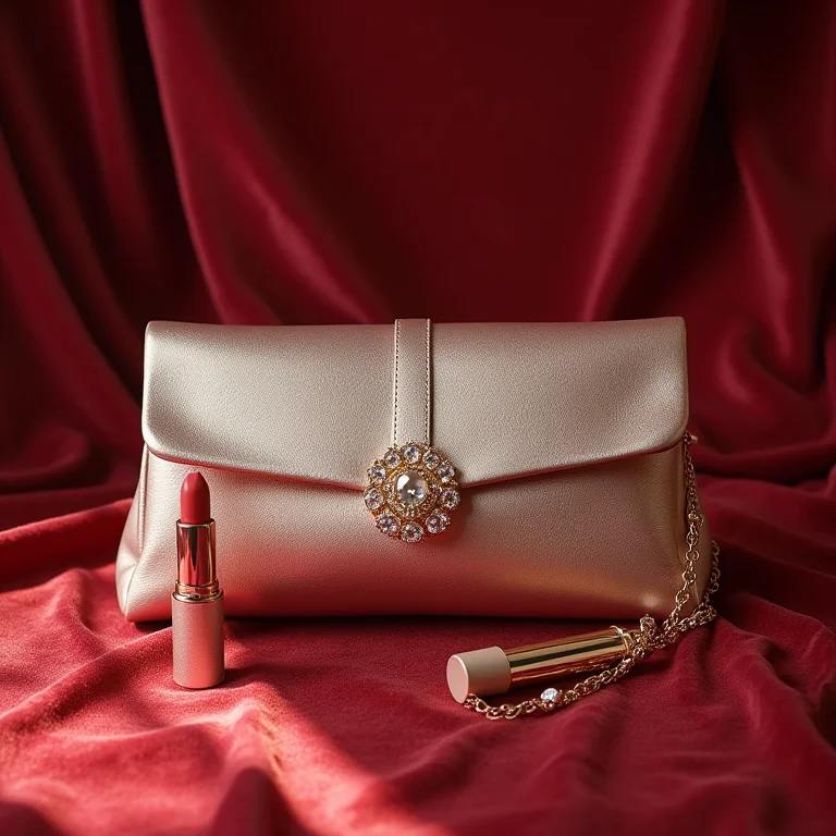 Clutch elegante com joias e batom em fundo de veludo.