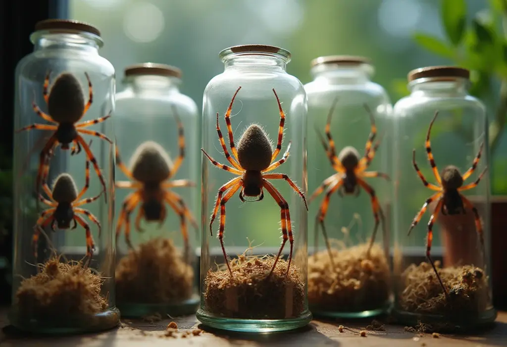 Nomes de aranha: Guia completo para identificar cada espécie Coleção diversificada de espécies de aranhas em potes de vidro.