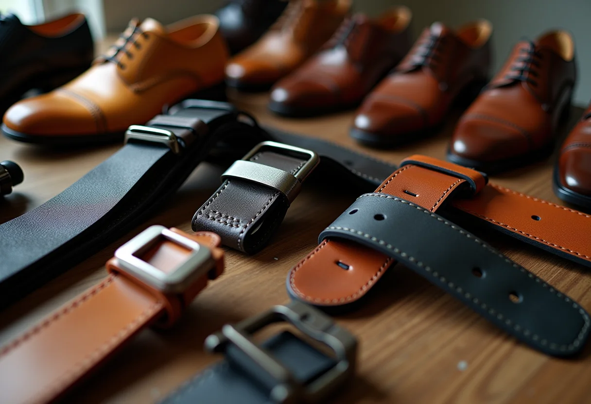 Combinação elegante de sapatos e cintos masculinos
