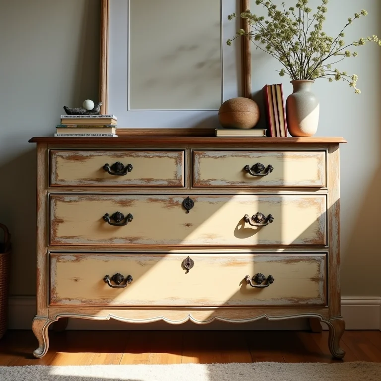 Cômoda de madeira vintage com gavetas repintadas e ferragens antigas