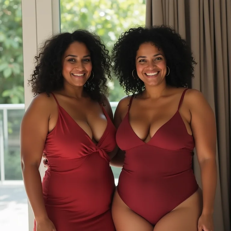 Comparativo de roupas de praia plus size: muito larga vs. muito justa.