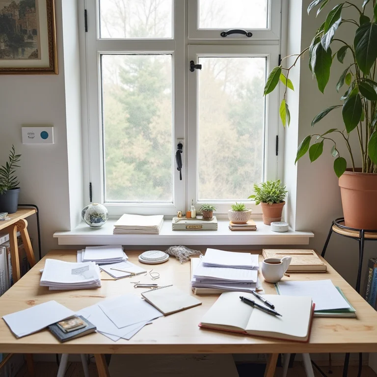 Comparativo entre mesa de escritório organizada e desorganizada.