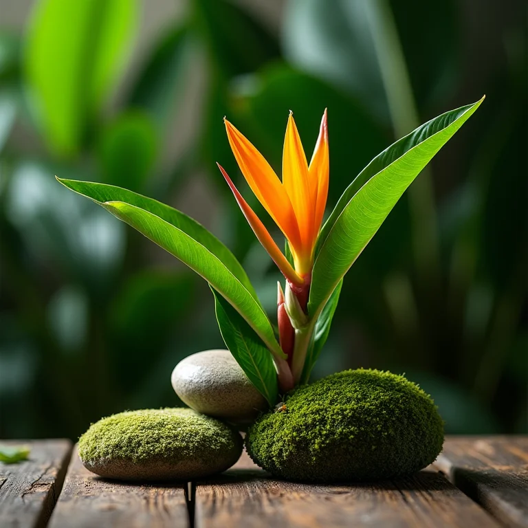 Composição de folhas verdes, flores tropicais e pedras musgosas.