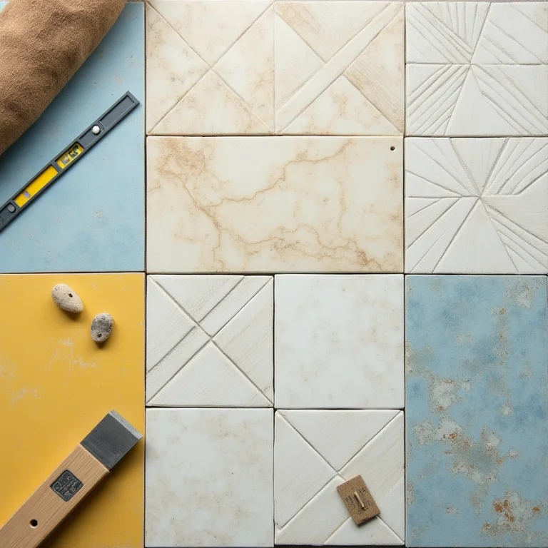 Composição de ladrilhos hidráulicos com padrões geométricos.