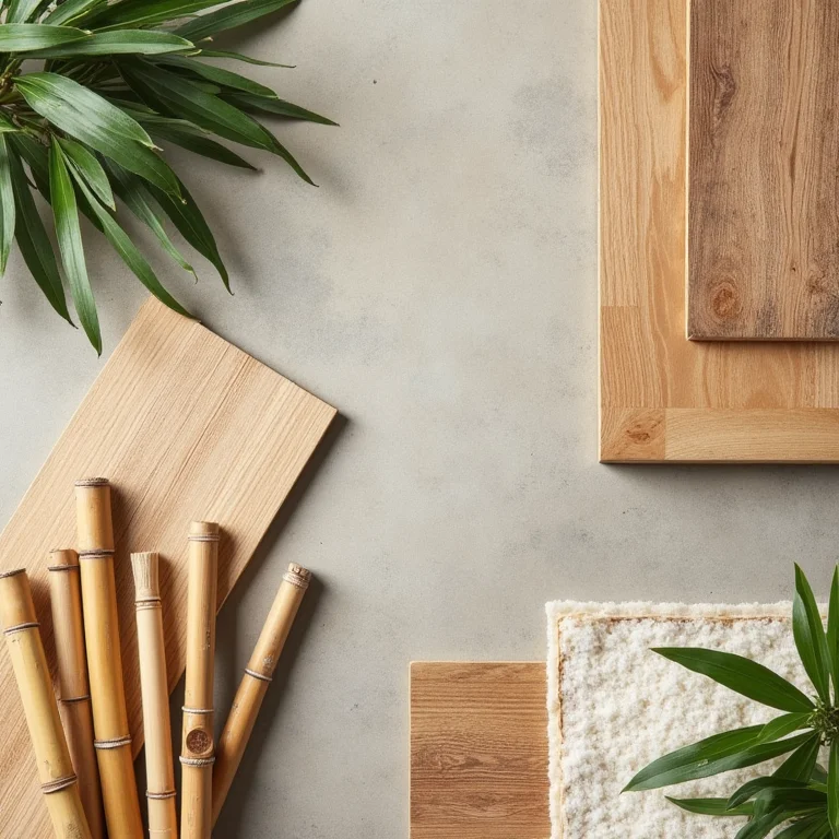 Composição de materiais de construção ecológicos, como bambu e madeira de demolição, representando materiais sustentáveis.