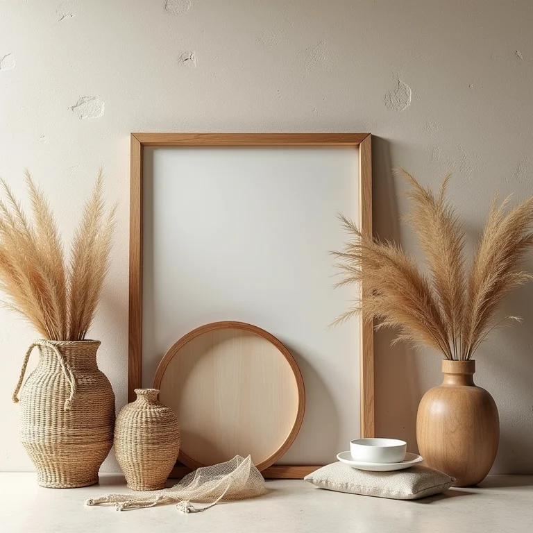 Composição de materiais naturais como madeira, rattan e linho