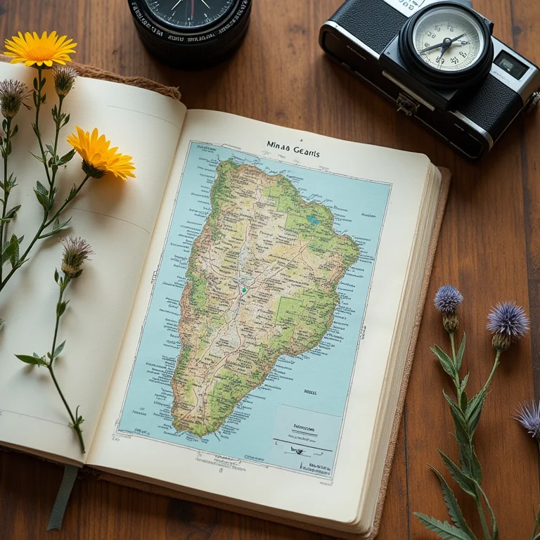 Composição de objetos de viagem com mapa de Minas Gerais.