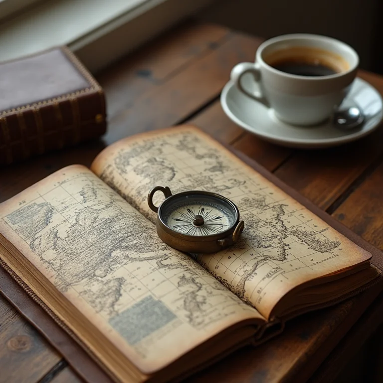 Composição flat lay com bússola, diário de viagem, mapas e café.