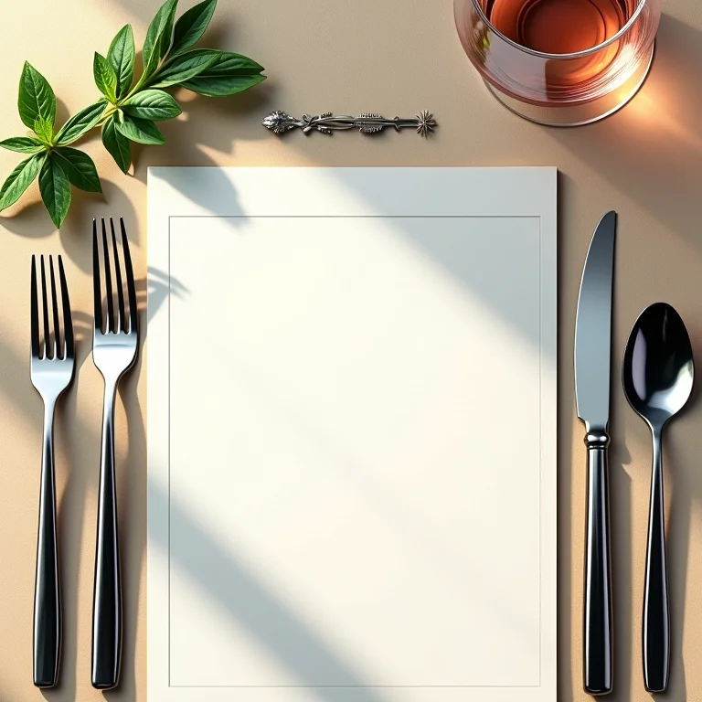 Composição flat lay com menu de restaurante, talheres e ervas frescas