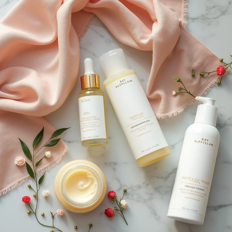 Composição minimalista de produtos de skincare luxuosos.