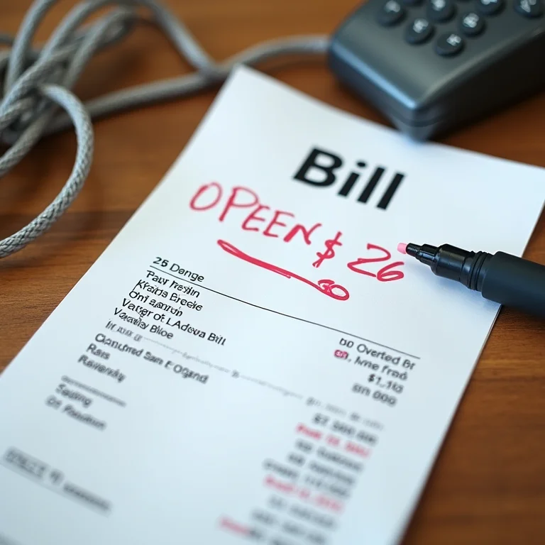 Conta telefônica com custos extras e cabo telefônico emaranhado