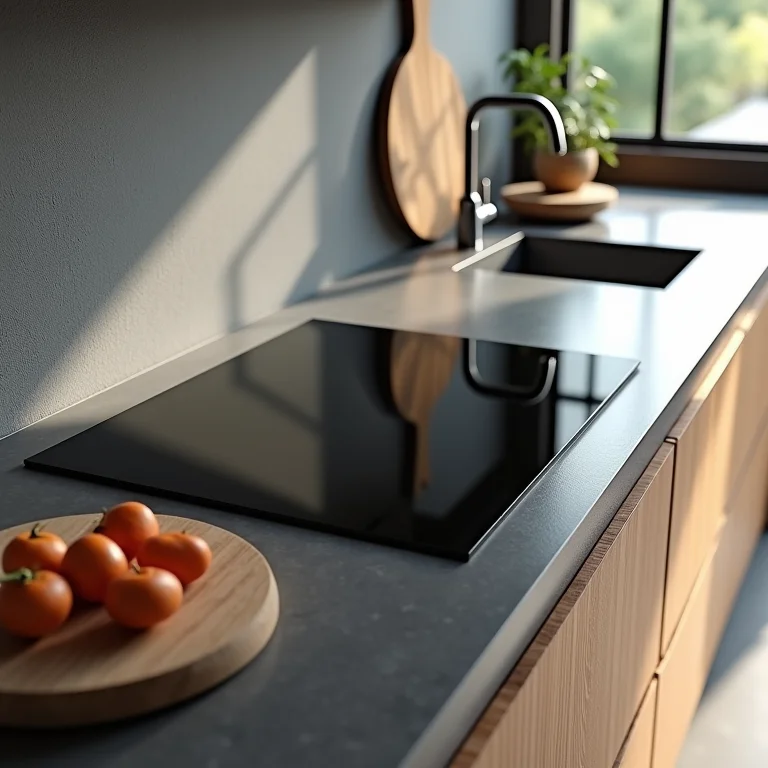 Cooktop embutido em bancada de cozinha moderna