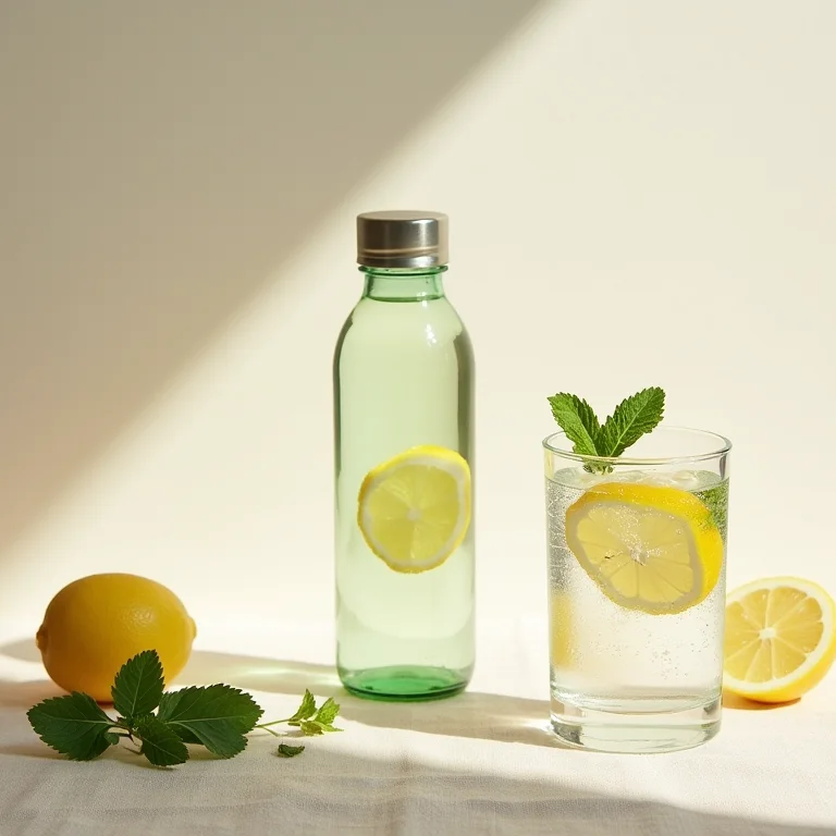 Copo de água com limão e garrafa reutilizável