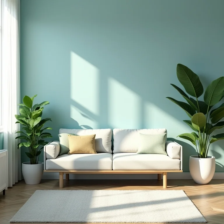 Cores calmantes em sala de TV.