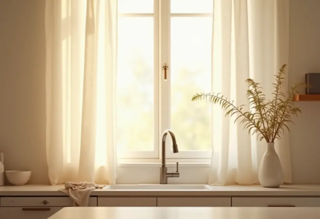 Cortina de linho translúcida em cozinha iluminada