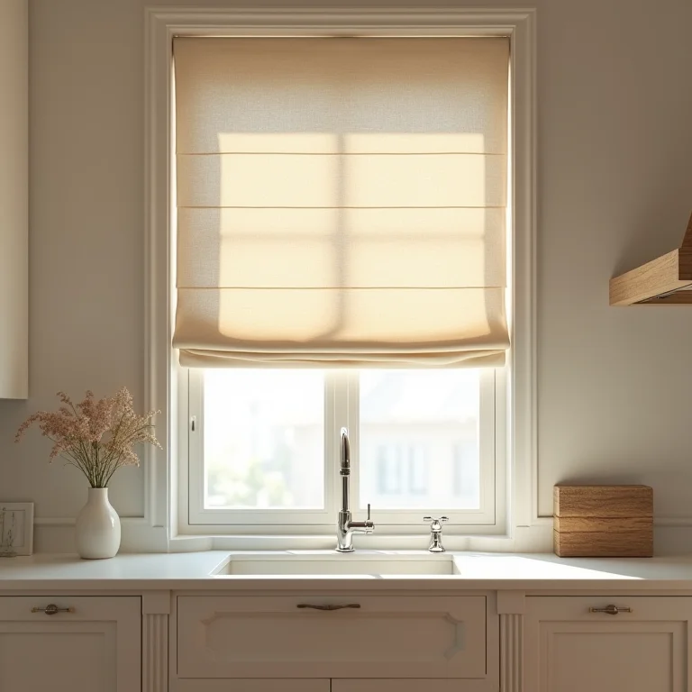 Cortina romana elegante em cozinha iluminada