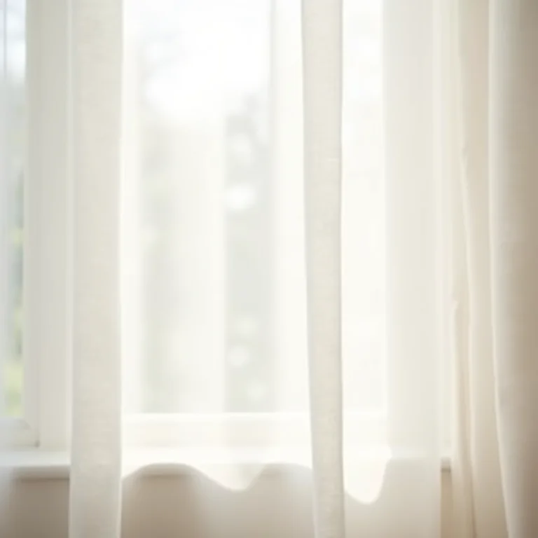 Cortinas de linho branco translúcido em uma janela ensolarada.