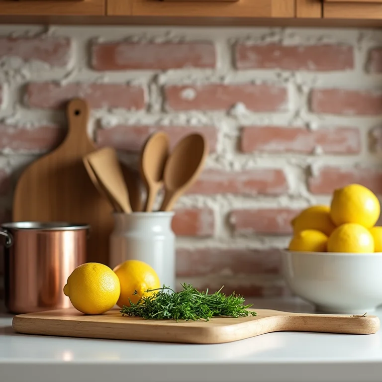 Cozinha aconchegante com parede de tijolinho e utensílios.