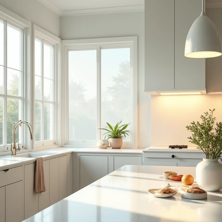 Cozinha bem iluminada com armários claros e janelas grandes.