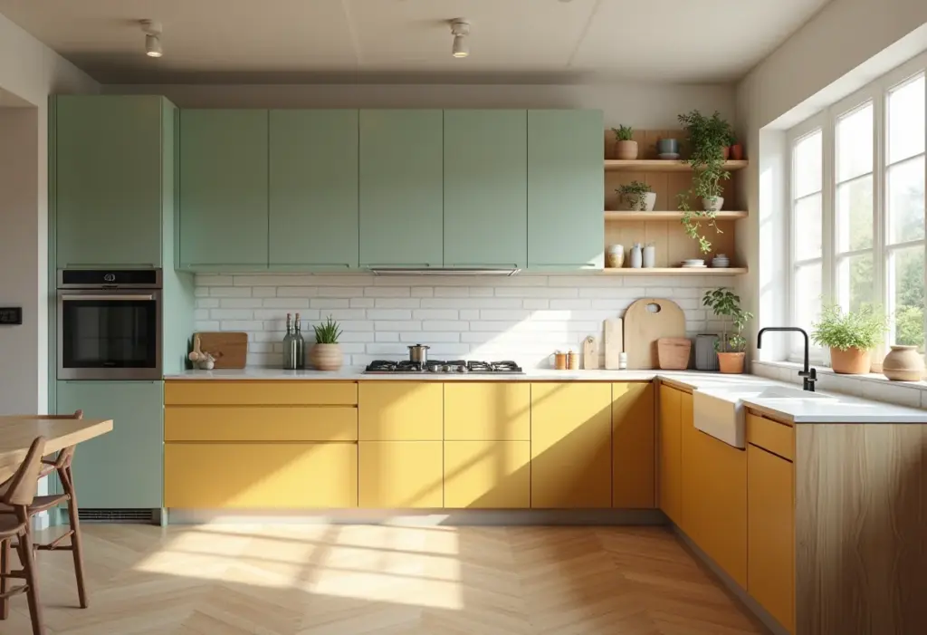 Cozinha com armários coloridos em tons de verde sálvia, amarelo mostarda e rosa.