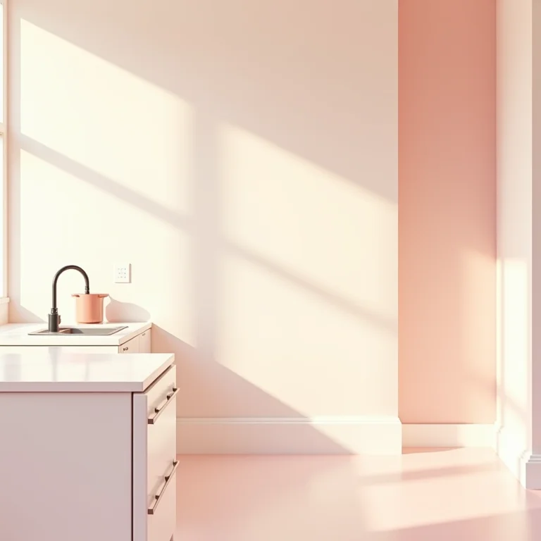 Cozinha com cores suaves e acabamentos elegantes.