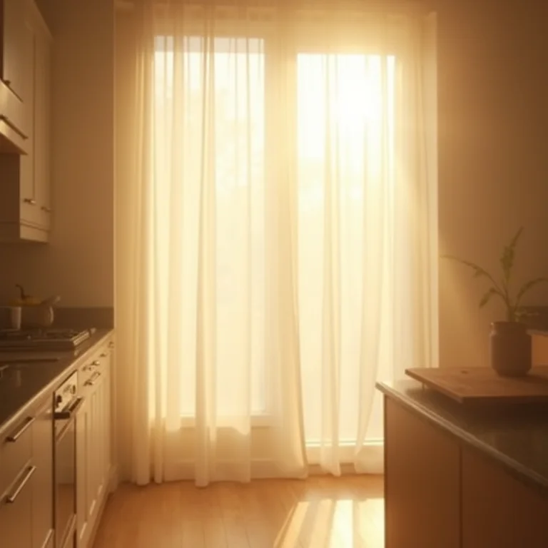 Cozinha com cortina translúcida e luz natural suave