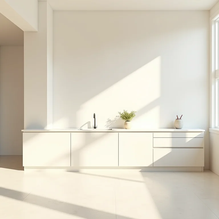 Cozinha de canto com cores claras e ambiente amplo